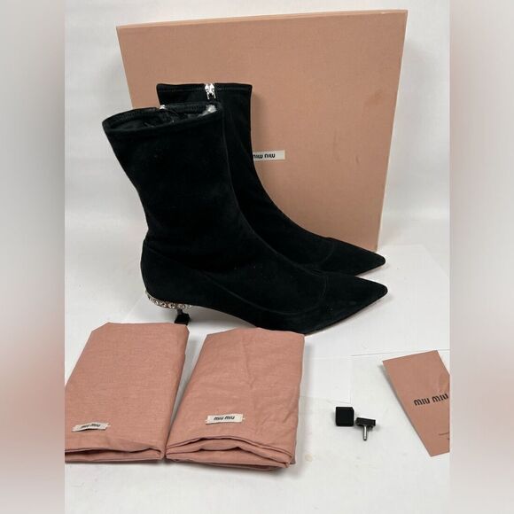 Miu Miu Women's Black Suede Kitten Heel Rhine Stone Sock Boots Size 40 US 10 - Picture 1 of 14